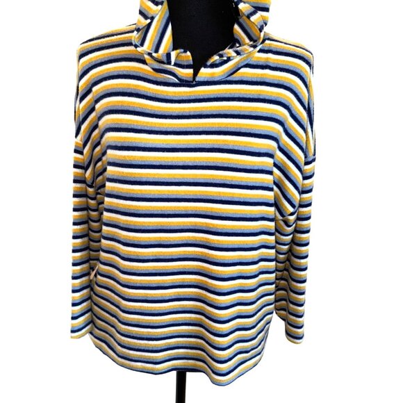 Poof New York Striped Yellow Blue Soft Knit Hoodie L Nautical Casual Travel Top - Picture 3 of 13